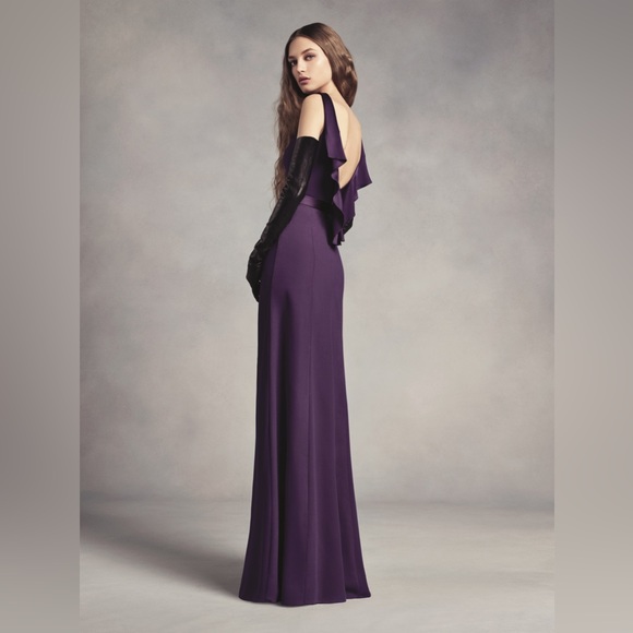 White by Vera Wang High Neck Crepe Bridesmaid or Prom Dress with Ruffled Back - Picture 2 of 8